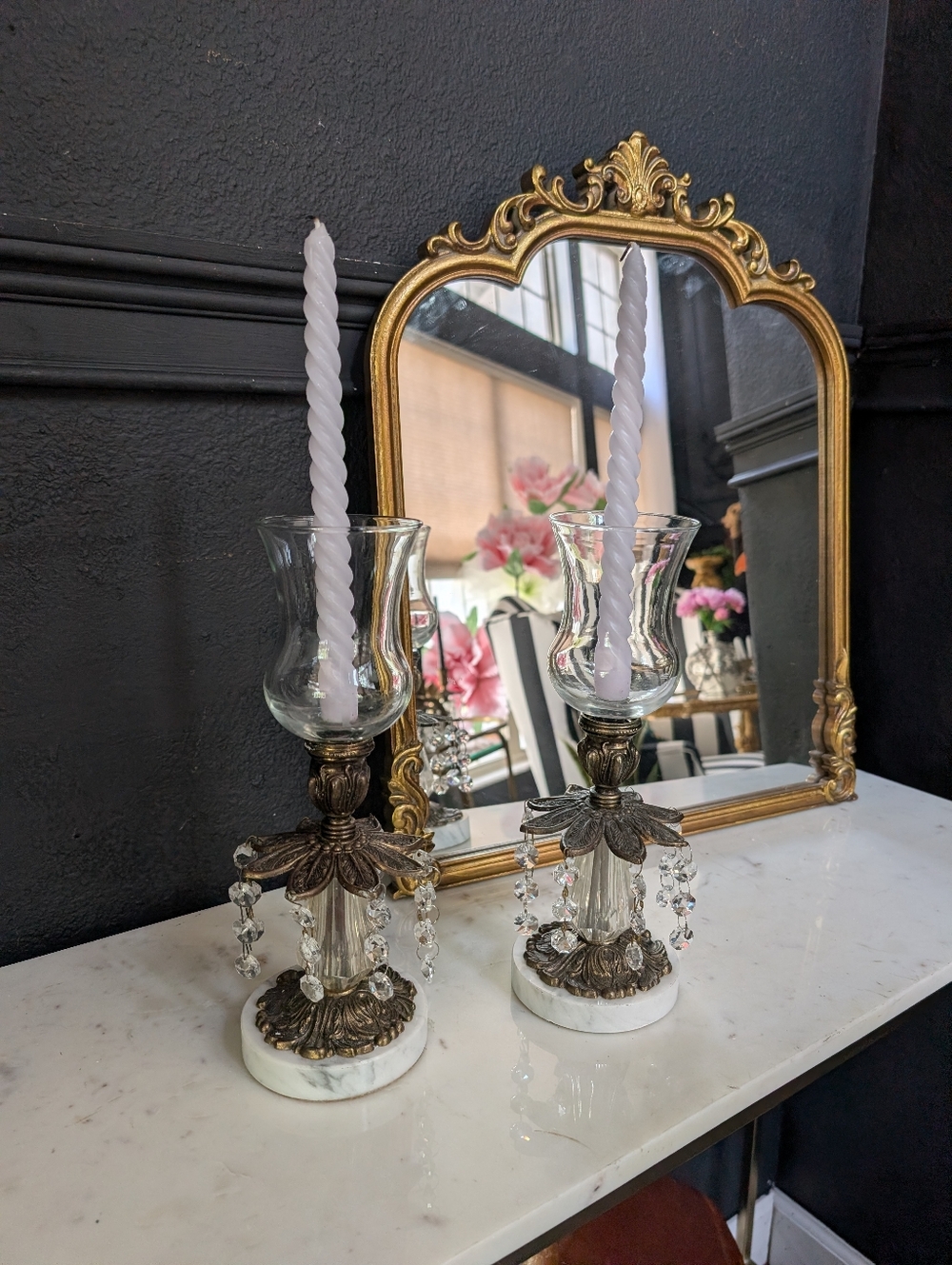 Vintage, Set of 2, Brass Candle Holder Hollywood Regency Crystals Marble Base